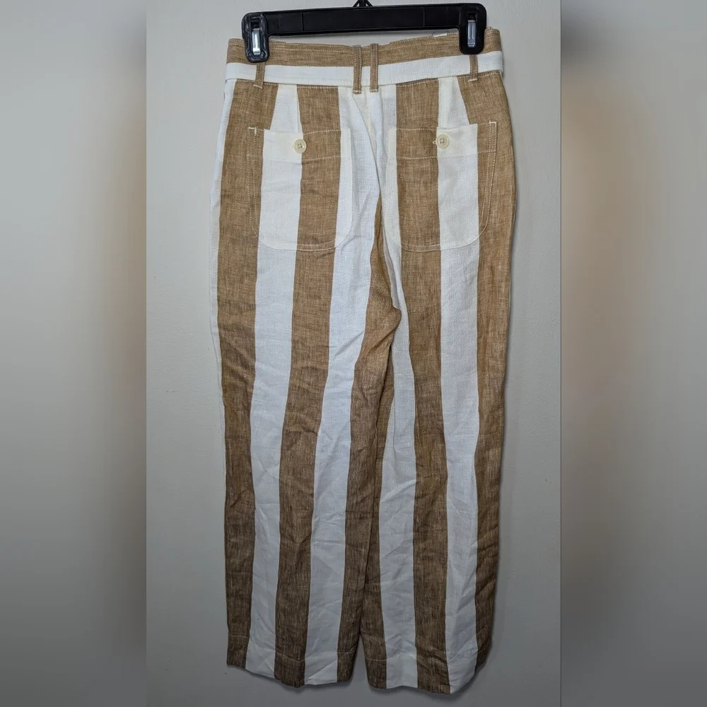 J Crew Striped Linen Pants Tan + Ivory Belted Straight Leg NEW Women's Size 00